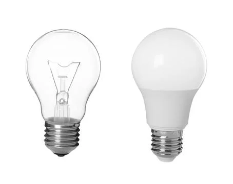Comparison of two different light bulbs on white background, collage Stock Photos