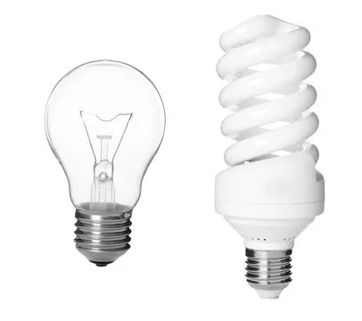 Comparison of two different light bulbs on white background, collage Stock Photos
