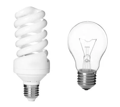 Comparison of two different light bulbs on white background, collage Stock Photos