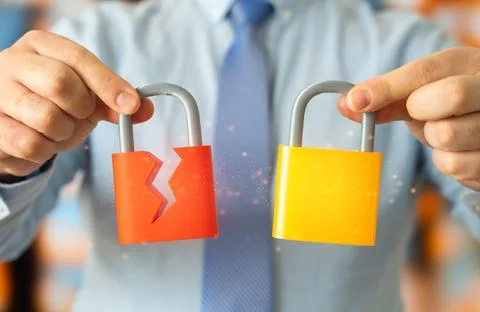 A comparison of two security systems using a broken and intact padlock as an  Stock Photos