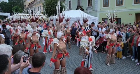 Comparsa Los Cariocas group from Gran Canary islands performing in Sibiu Stock Footage 111998673