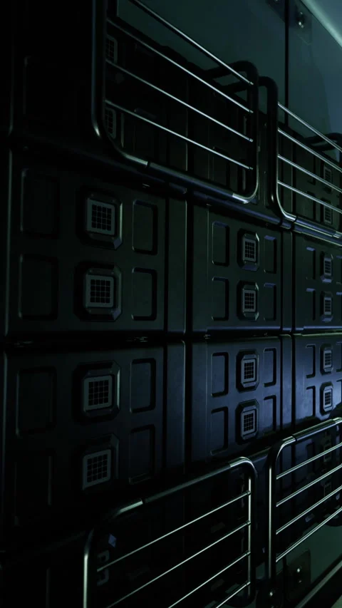 Compartments stacked against a dark wall in an indoor space during the night Stock Footage 330342234