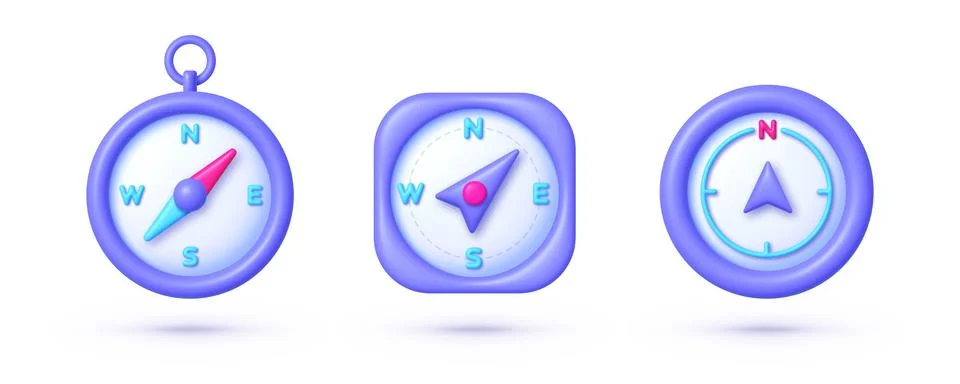 Compass 3d set on white background. Vintage Compass 3d purple illustration Stock Illustration