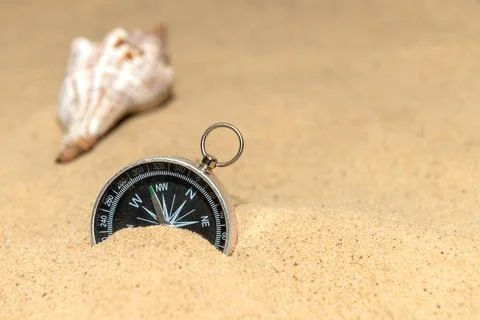 Compass and seashell on the sand at the beach. Stock Photos