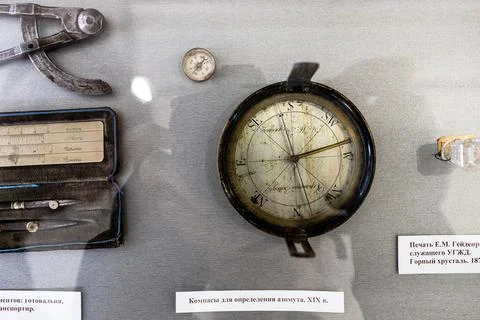 Compass and tools in Cherepanovs Technical Museum Stock Photos
