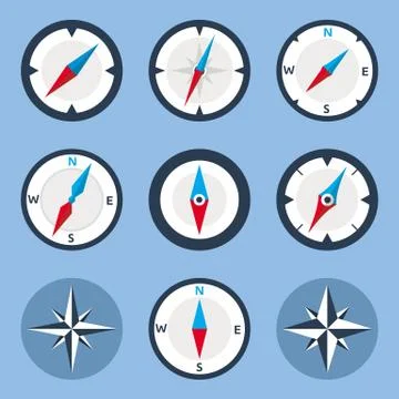 Compass and Windrose Flat Icons Set Stock Illustration