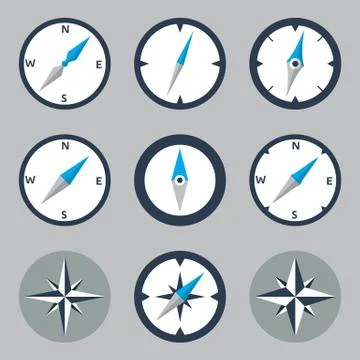 Compass and Windrose Flat Icons Set Stock Illustration