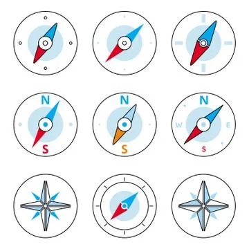 Compass and Windrose Thin Line Icons Set Stock Illustration