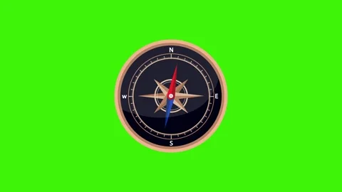 Compass animation spinning isolated green background, looping navigation, surviv Video stock 343123615