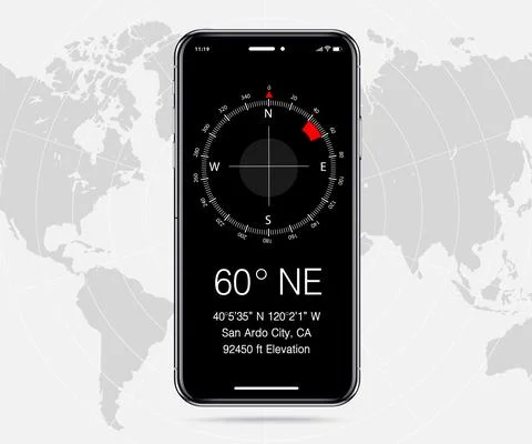 Compass app UI UX GUI dark mode concept, Map GPS app on screen smartphone tech Stock Illustration