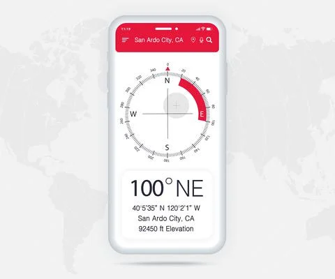 Compass app UI UX GUI light mode concept, Map GPS app on screen smartphone tech Illustrazione stock