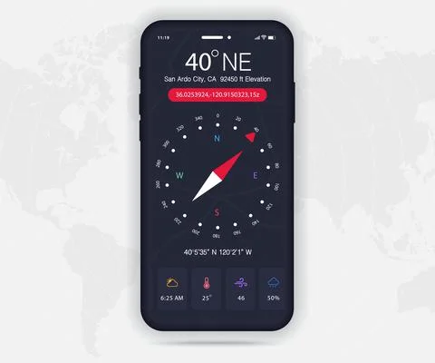 Compass app UI UX GUI dark mode concept, Map GPS app on screen smartphone tech Stock Illustration
