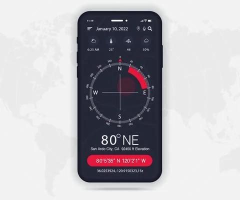 Compass app UI UX GUI dark mode concept, Map GPS app on screen smartphone tech Stock Illustration