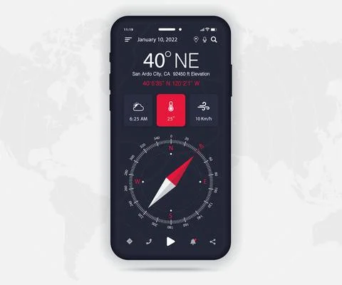 Compass app UI UX GUI dark mode concept, Map GPS app on screen smartphone tech Stock Illustration