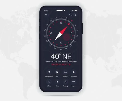 Compass app UI UX GUI dark mode concept, Map GPS app on screen smartphone tech Stock Illustration