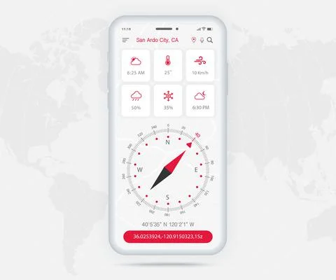 Compass app UI UX GUI light mode concept, Map GPS app on screen smartphone tech Stock Illustration