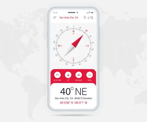 Compass app UI UX GUI light mode concept, Map GPS app on screen smartphone tech Stock Illustration