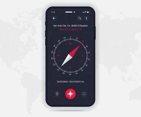Compass app UI UX GUI dark mode concept, Map GPS app on screen smartphone tech Stock Illustration