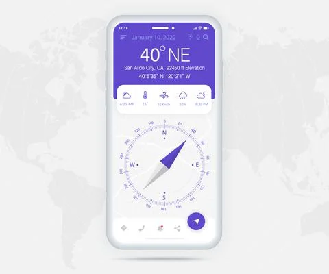 Compass app UI UX GUI light mode concept, Map GPS app on screen smartphone tech Stock Illustration