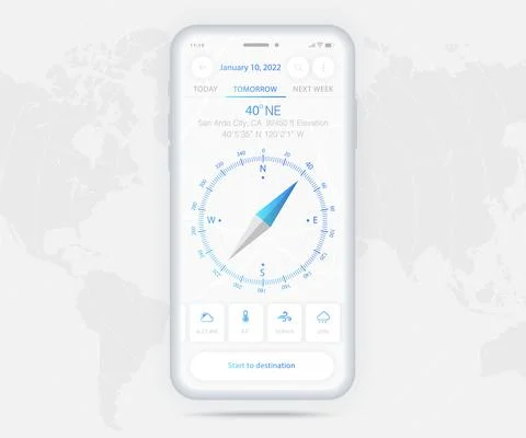 Compass app UI UX GUI light mode concept, Map GPS app on screen smartphone tech Illustrazione stock