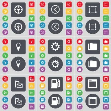 Compass, Arrow left, Frame, Checkpoint, Gear, Folder, SMS, Gas station, Window i Stock Illustration