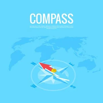 Compass on the background of the world map, isometric image Stock Illustration