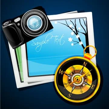 Compass with camera and pictures Illustrazione stock