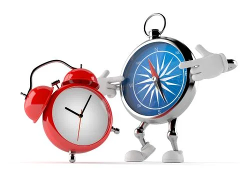 Compass character with alarm clock Stock Illustration