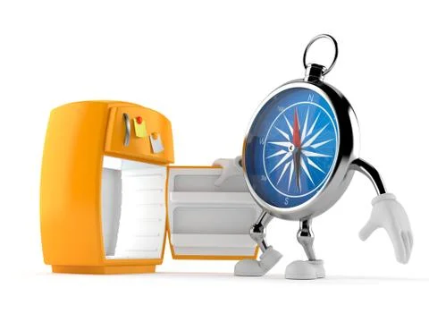 Compass character with open fridge Stock Photos