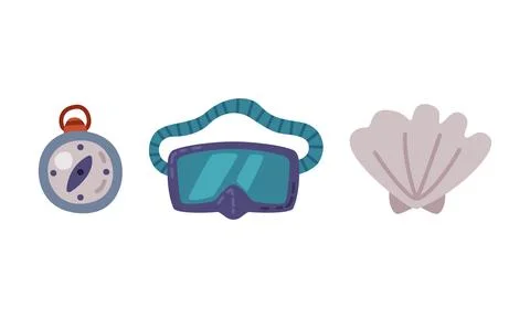 Compass, Diving Goggles and Sea Shell as Travel and Tourist Item Vector Set Stock Illustration