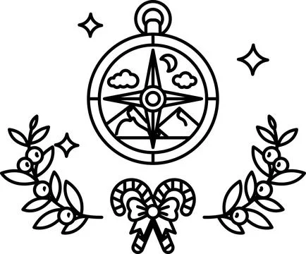 A compass is drawn in black and white with a mountain in the background Stock Illustration