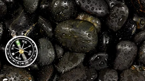 Compass in the forest, against the background of rocks. round compass on na.. Stock Footage 257870919