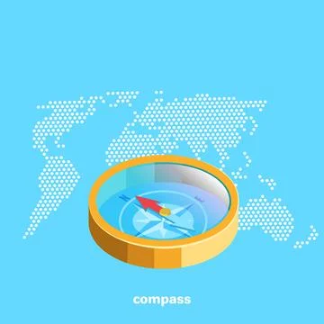 A compass in a gold frame rests on the ground map background, an isometric im Stock Illustration
