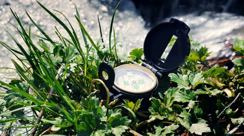 Compass on the grass near litle stream Stock Footage 62431895
