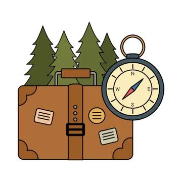 Compass guide with pines forest and suitcase Stock Illustration