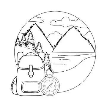 Compass guide with pines forest and travelbag Stock Illustration