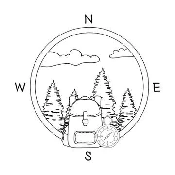 Compass guide with pines forest and travelbag Stock Illustration