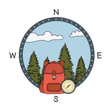 Compass guide with pines forest and travelbag Stock Illustration