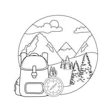 Compass guide with pines forest and travelbag Stock Illustration