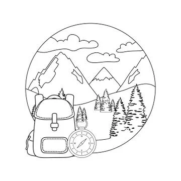 Compass guide with pines forest and travelbag Stock Illustration
