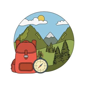 Compass guide with pines forest and travelbag Stock Illustration