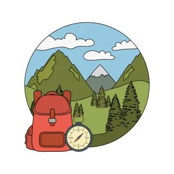 Compass guide with pines forest and travelbag Stock Illustration