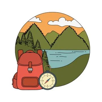 Compass guide with pines forest and travelbag Stock Illustration