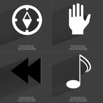 Compass, Hand, Two arrows media, Note icon sign. Set of Symbols with Flat des Stock Illustration