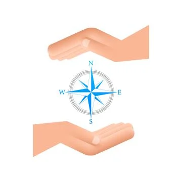 Compass icon over hands on white background. Flat vector navigation symbol Stock Illustration