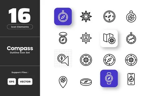 Compass Icon Set Collection - Outline Line Art Style. Containing Compass Ic.. Stock Illustration