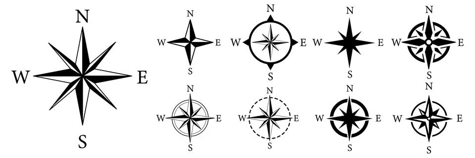 Compass icon set. Navigation compass vector. Line and glyph wind rose compass Stock Illustration