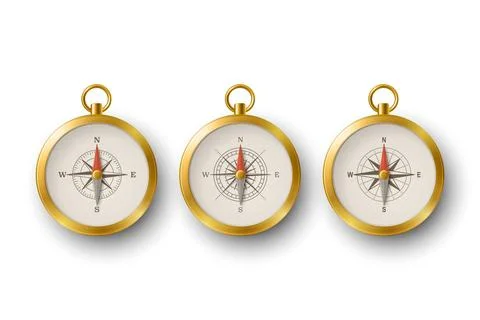 Compass Icon Set, Vector Illustration. 3d Golden Magnetic Compass Icons Iso.. Ilustração Stock