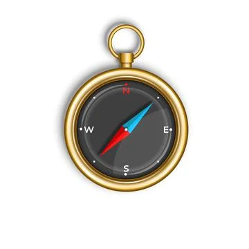 Compass isolated on white background round gold case with blue and red arrow  Stock Illustration