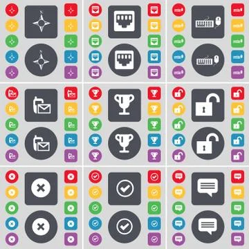 Compass, LAN socket, Keyboard, SMS, Cup, Lock, Stop, Tick, Chat bubble icon symb Stock Illustration